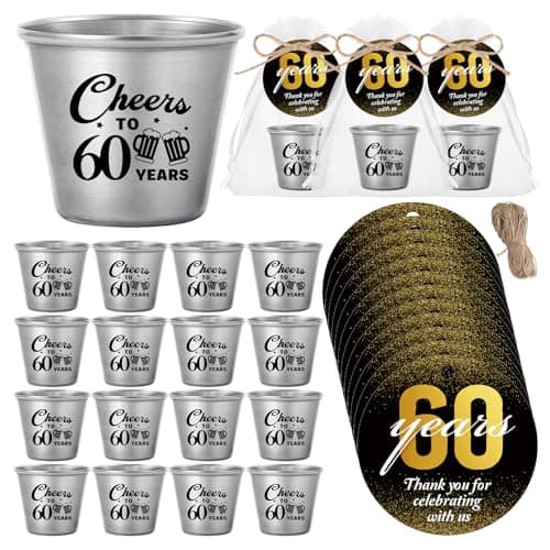 Skybooly 50 Sets 60th Birthday Party Favors for Guests Souvenir Shot Glasses Cheers to 50 Year Stainless Steel Shot Glasses Thank You Tag Organza Bag Twine Birthday Gift for Anniversary Wedding Shower