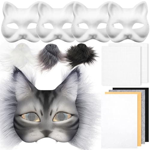 Seenelling 13 Pcs DIY Therian Mask Kit Blank Cat Mask with Felt Fabric Sheet Plush Faux Fur Eye Mesh for Therian Gear Stuff Grey
