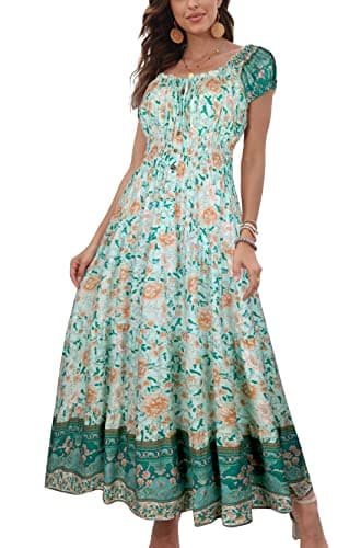 OSTOO Women's 2025 Summer Short Sleeves Boho Floral Print Tiered Casual Flowy Long Maxi Dress(Green,L)
