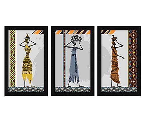 ArtX Paper African Tribal Wall Art Painting, Framed Paintings, 13 X 25.5 inches(Combined), 8.5 X 13 each, Multicolor, Set of 3 (AXC00168-AFR)