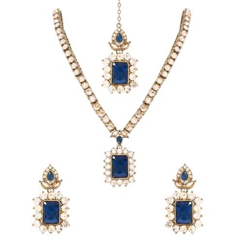 I Jewels Gold Plated Stylish Design Crystal Diamond Necklace With Earrings & Maang Tikka Jewellery Set for Women (Montana)
