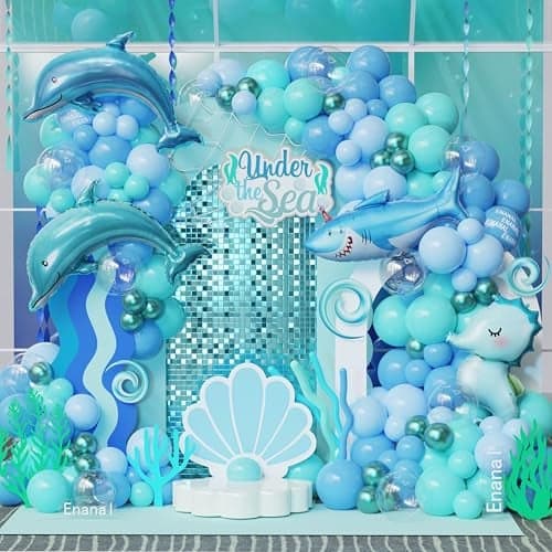 Under the Sea Party Decorations 154pcs Ocean Blue Balloon Garland Arch Kit Blue Bubble Balloons with Dolphin Shark Hippocampus Foil Balloon for Ocean Birthday Party Supplies Shark Party Decor