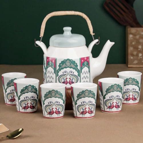 The Earth Store Premium Peagal Ceramic Tea Glass Set with Kettle Microwave and Dishwasher Safe Teapot Set 6 Tea Glasses & 1 Kettle for Gifting, Home Décor