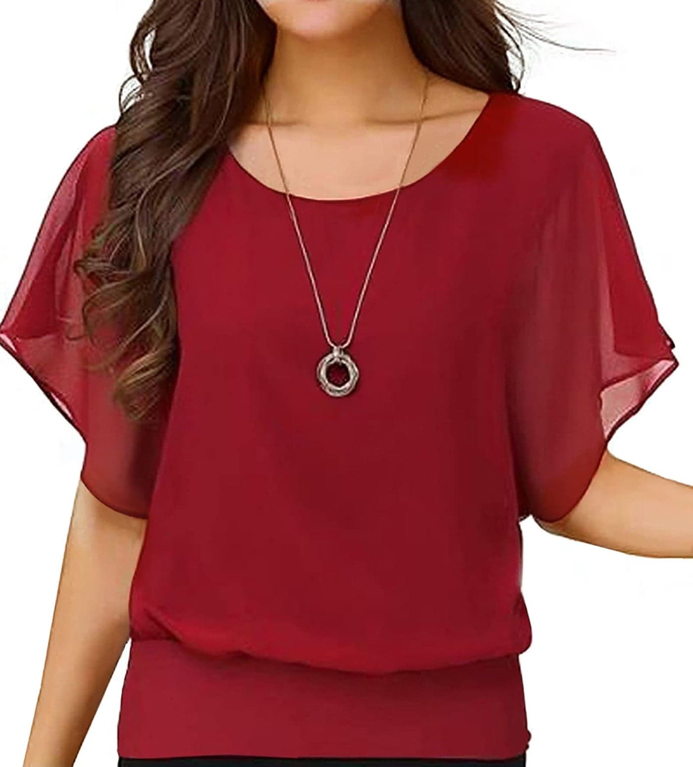 Neineiwu Ladies Summer Casual Loose Fit Short Sleeve Bat Batwing T-Shirt Shirt Chiffon Top Blouse (Red,X-Large)