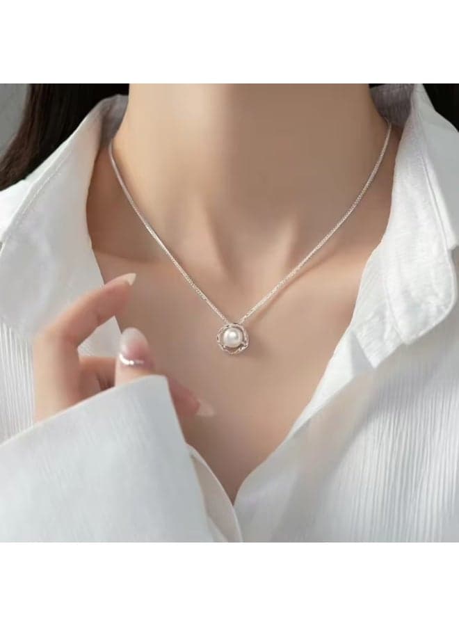 Elegant Long White Freshwater Necklace – Dainty Interlocking Loop Pendant, Minimalist Layered Jewelry for Women, Perfect for Weddings, Anniversaries & Everyday Wear