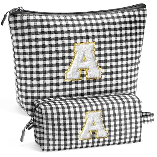 YOOLIFE Initial Makeup Bag Travel Toiletry Bag Birthday Gifts for Girls Monogrammed Gifts for Girls, Cute Stuff for Teen Girls Wedding Bridal Gifts Preppy Things for Teen Girls Black A