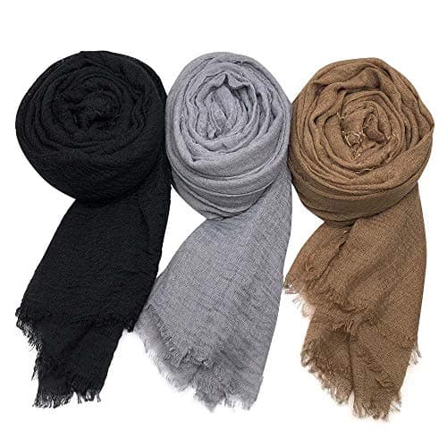 XRDSS Summer Cotton Blend Crinkle Vintage Soft Scarf with Fringed Edges 35" × 70" (Black/Gray/Brown)