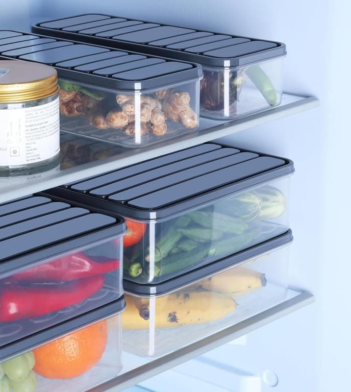 Raawan Fridge Storage Boxes – Stackable Food Storage Containers | Removable Drain Plate & Lid | Durable Fridge Organizer to Keep Food Fresh Longer | Ideal for Fruits, Vegetables | 1200ml Pack of 4