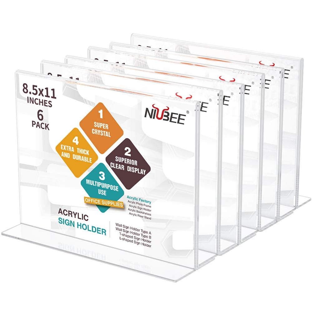 NIUBEE Acrylic Sign Holder 85x11 Inches 6 Pack Horizontal T Shape Double Sided Clear Frames Plastic Paper Flyer Display Holder Document Menu Table Stand for Office Store Landscape