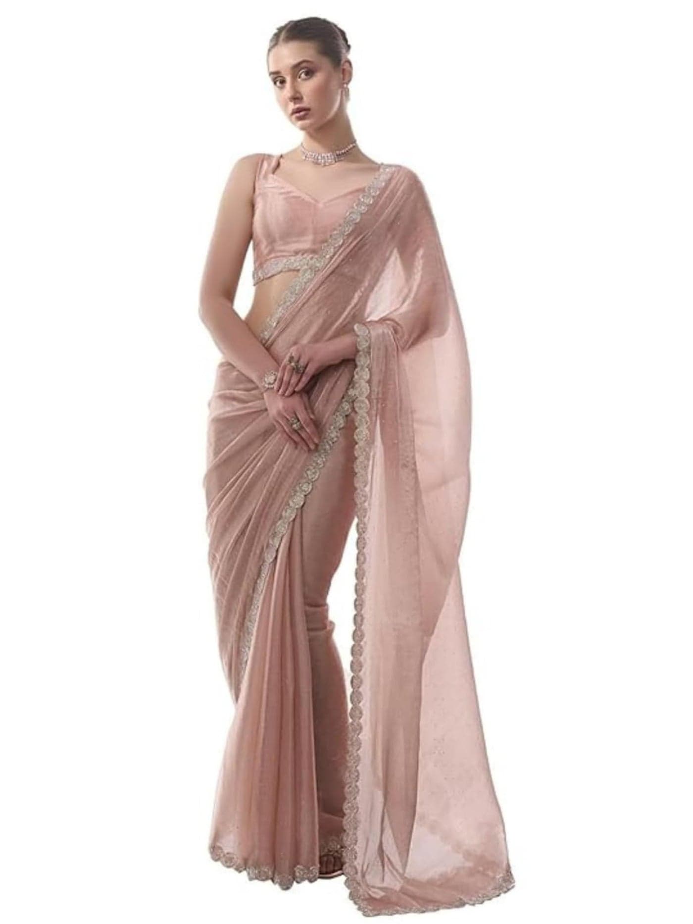 ORHANS Women's Chiffon Saree With All-Over Diamond & Lace Work || Designer Saree For Wedding, Festival, Reception & Special Occasions || Includes Matching Chiffon Unstitched Blouse Piece