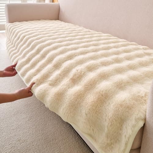 HOKIPO 'FurHug' Premium Faux Rabbit Fur Sofa Cover Mats for L Shape and 1/2/3 Seater Sofa. Make Your Own Sofa Cover Set, Mat Length 90(D) x 180(L) cm, Beige (AR-5016-CRM)