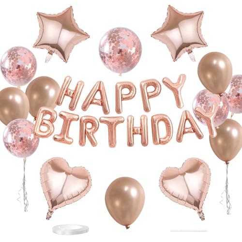 WEIKA 27 Pcs Rose Gold Birthday Decorations 3D Foil Rose Gold Happy Birthday Balloon Banner Pentagram Heart Foil Balloons Confetti Balloons Kit For Boys Girls Birthday Party Supplies