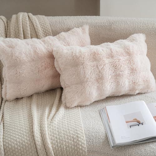 Neelvin Beige Faux Fur Pillow Covers Set of 2 Luxury Soft Fluffy Throw Pillow Covers for Couch Fuzzy Decorative Plaid Plush Cushion Cases for Living Room Sofa Bedroom Decor