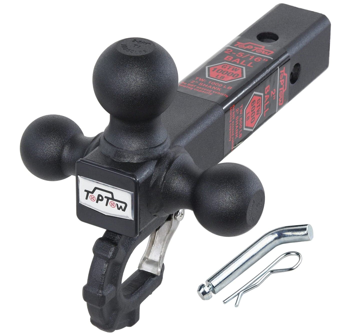 TOPTOW Trailer Hitch TriBall Hitch with Hitch Balls Beast Tow Hook Matte Black Fits for 2inch Receiverwith Hitch Pin Kit