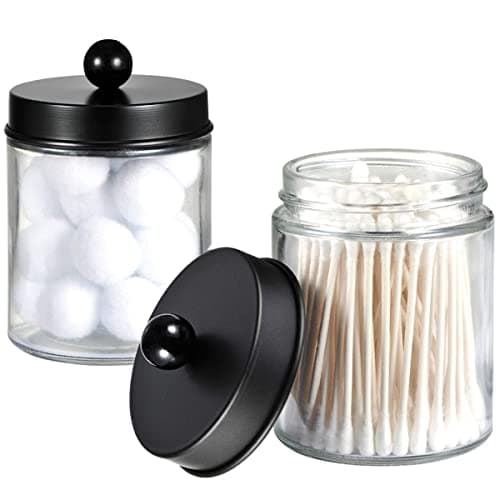 Amolliar Apothecary Jars Bathroom Storage Organizer - Cute Qtip Dispenser Holder Vanity Canister Jar Glass with Lid for Cotton Swabs,Rounds,Bath Salts,Makeup Sponges,Hair Accessories/Black(2 Pack)
