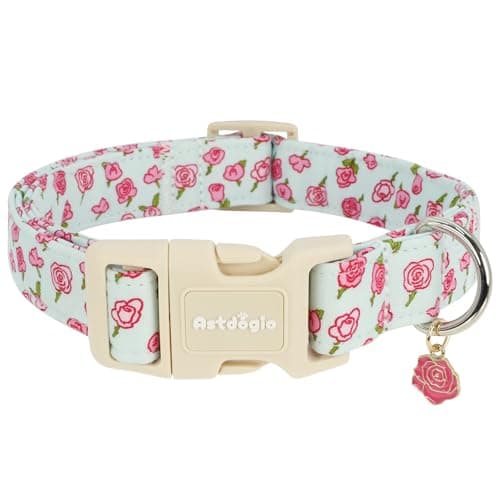 Astdogio Dog Collar for Small Dogs, Spring &Summer Theme Blue Small Dog Collars with Pink Rose Pattern, Adjustable Puppy Dog Collars, Cute Girl or Boy Dog Collar Ideal for Gifts,Pet Accessory