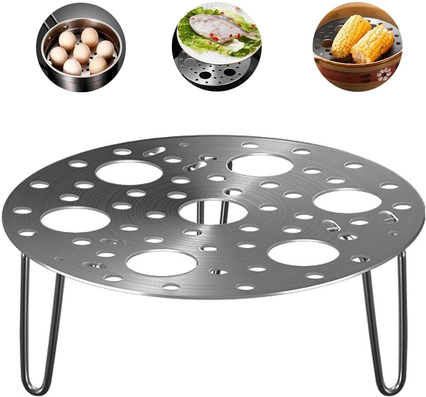 RAMPKD Stainless Steel Round Egg Steamer Rack Heatproof Stackable 7 Holes Stand Egg Box Kitchen Multipurpose Trivet Insert For Pot Accessories And Pressure Cooker Pans Steam Boiling Silver