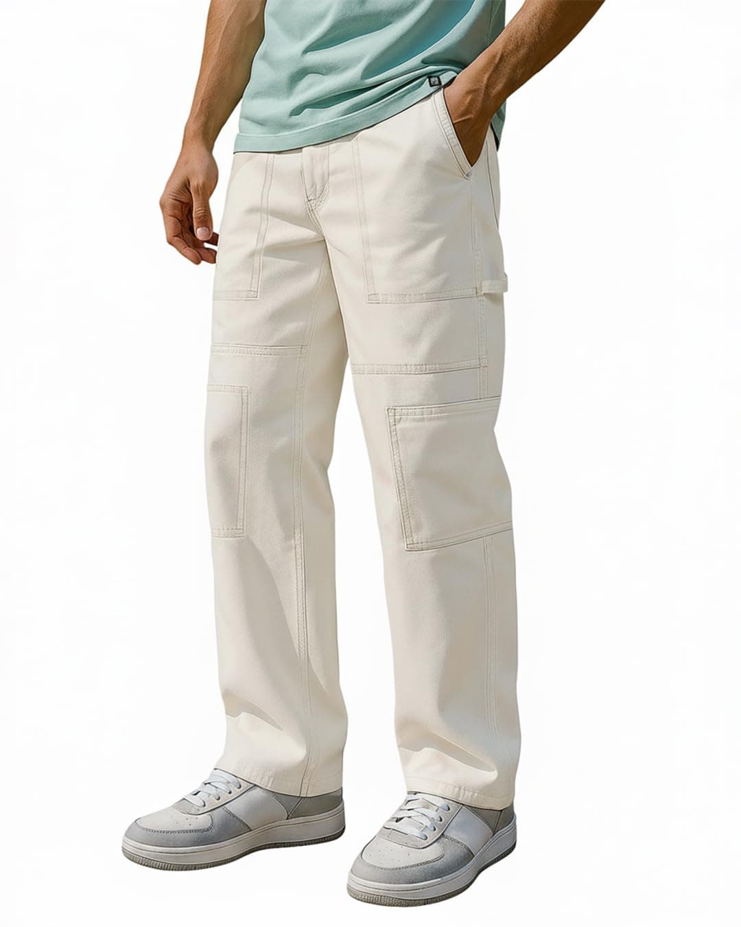 Bewakoof Men's Solid Straight Fit Cotton Carpenter High Rise Jeans_624675_Beige_28