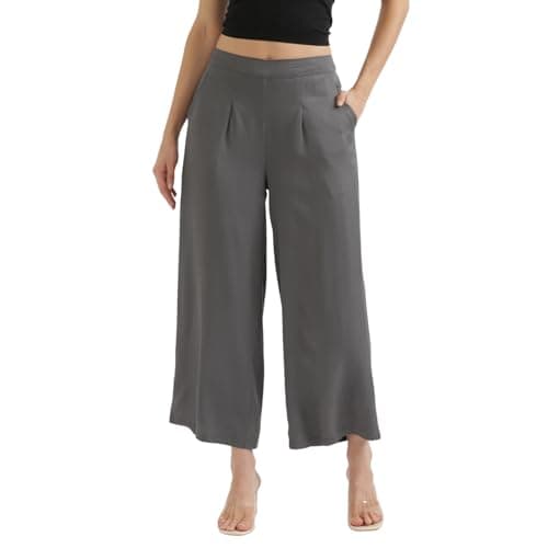 SAADAA Palazzo Pants for Women Half-Elasticated Waistband | Palazzo for Women in Soft Viscose Fabric | Regular Fit with Mid Rise Waist & Deep Pockets | Versatile for Formal & Casual Wear Grey