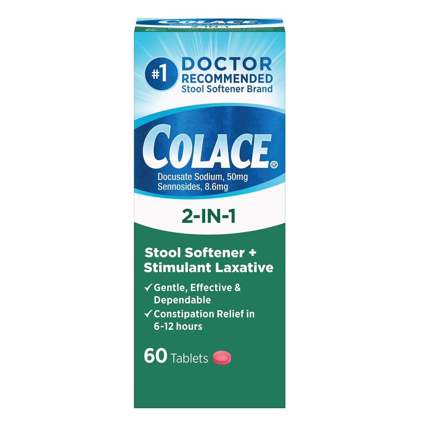 2In1 Stool Softener Plus Stimulant Laxative for Gentle Effective Constipation Relief Docusate Sodium Plus Sennosides 60 Count