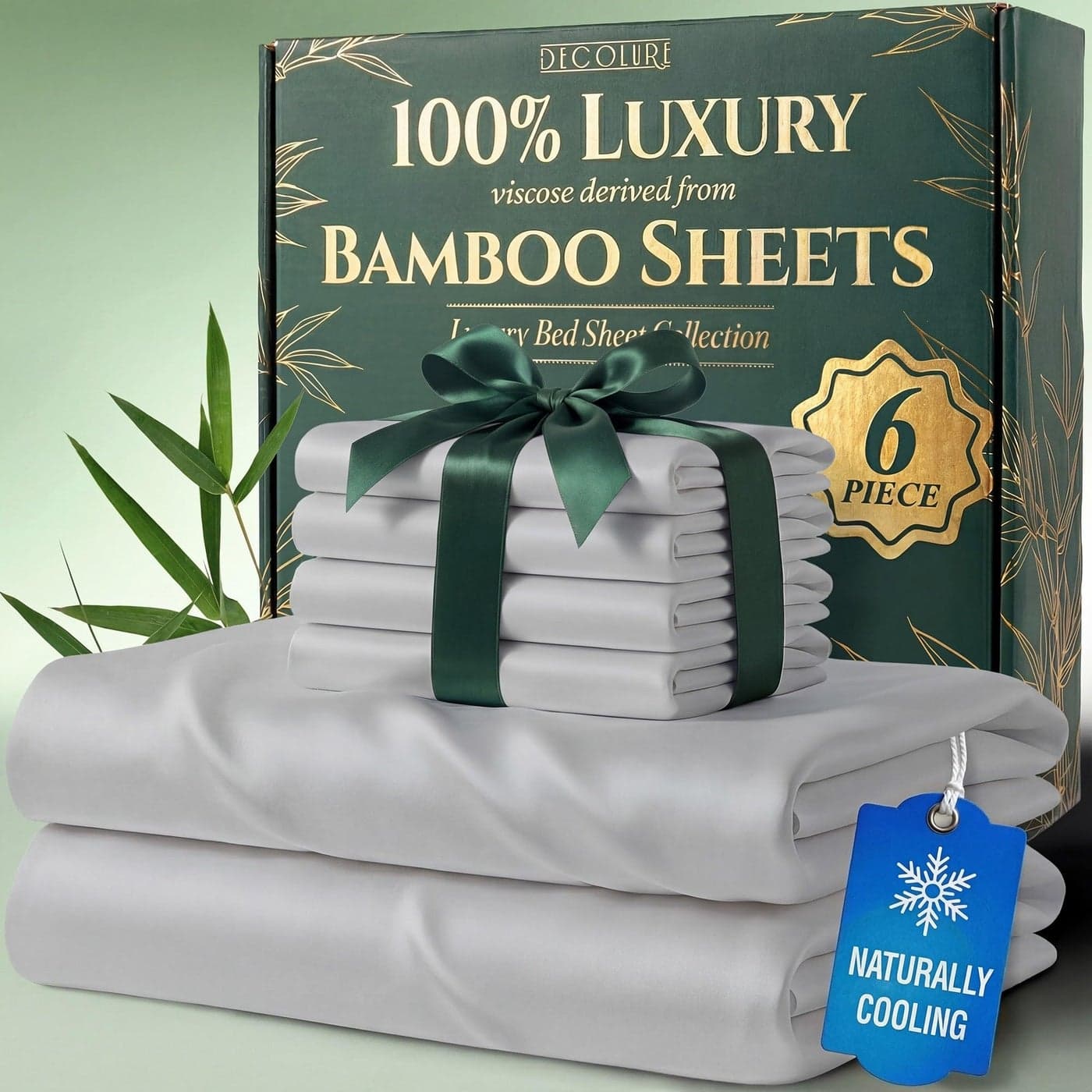 DECOLURE 100 Viscose Derived from Bamboo Sheets King Size Luxury 6 Pc Naturally Cooling Sheets Ultra Soft Bed Set Deep 17 Pockets Durable Double Stitching Oeko Tex Standard Light Grey