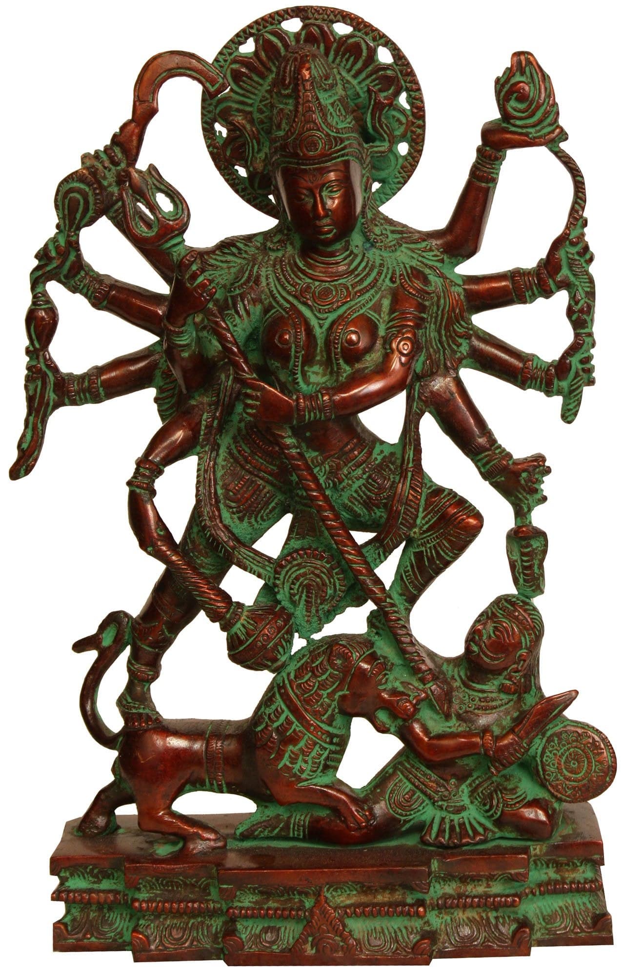 Aone Metal Brass Mahishasur Mardini Mother Goddess Durga (Multicolour, Standard, Height 11.5 Inch)