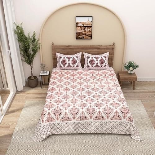 EasyGoods® 240 TC Pure Cotton Bedsheet for Double Bed, King & Queen Size Bed, Jaipuri Rajasthani Design with 2 Pillow Covers, Extra Soft & Wrinkle Free, 90 x 103 inches, Maroon (Monarch02)