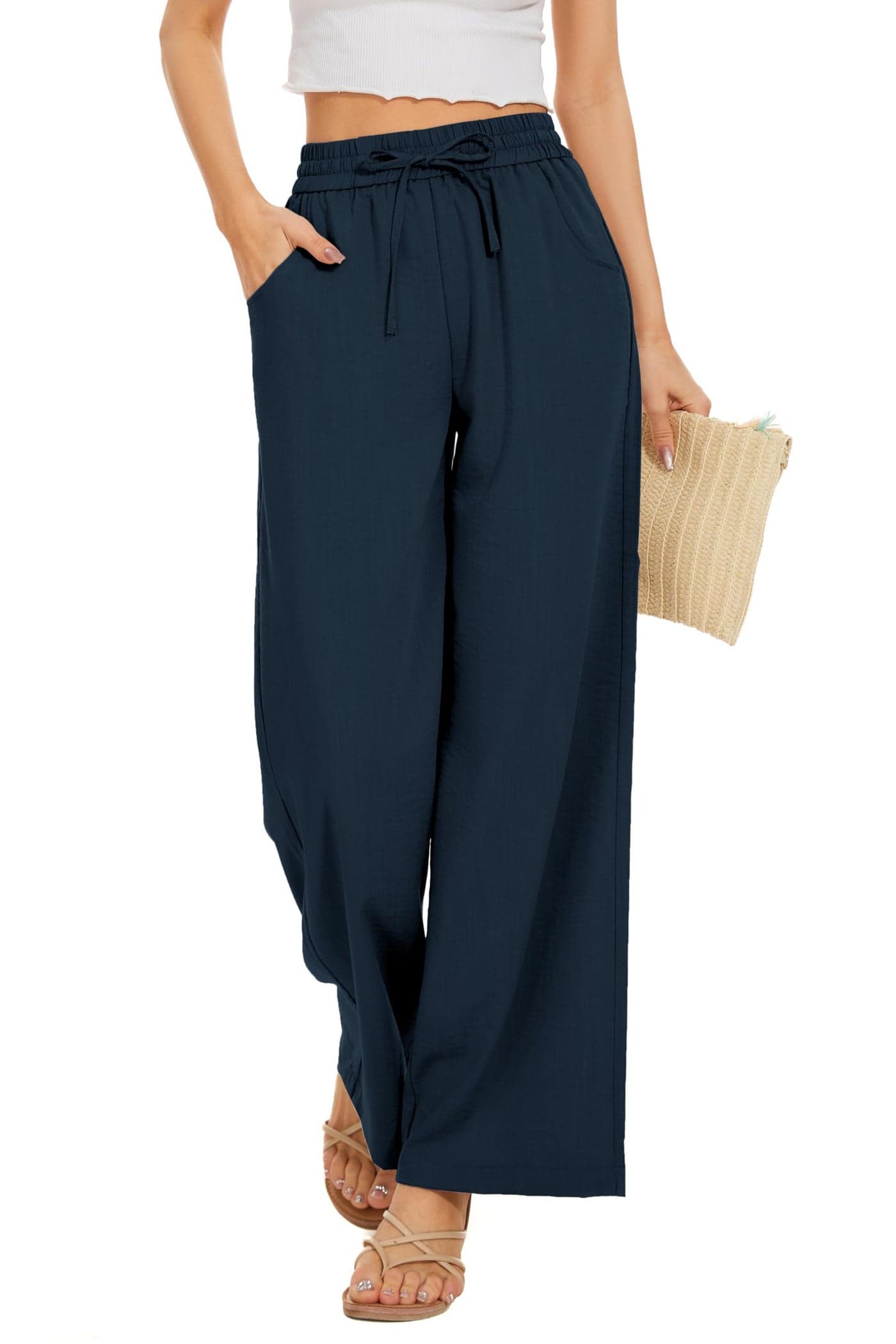 KICZOY Women Flowy Pants Drawstring Waist Wide Leg Palazzo Beach Pants Loose Fit with Pockets Royal Blue