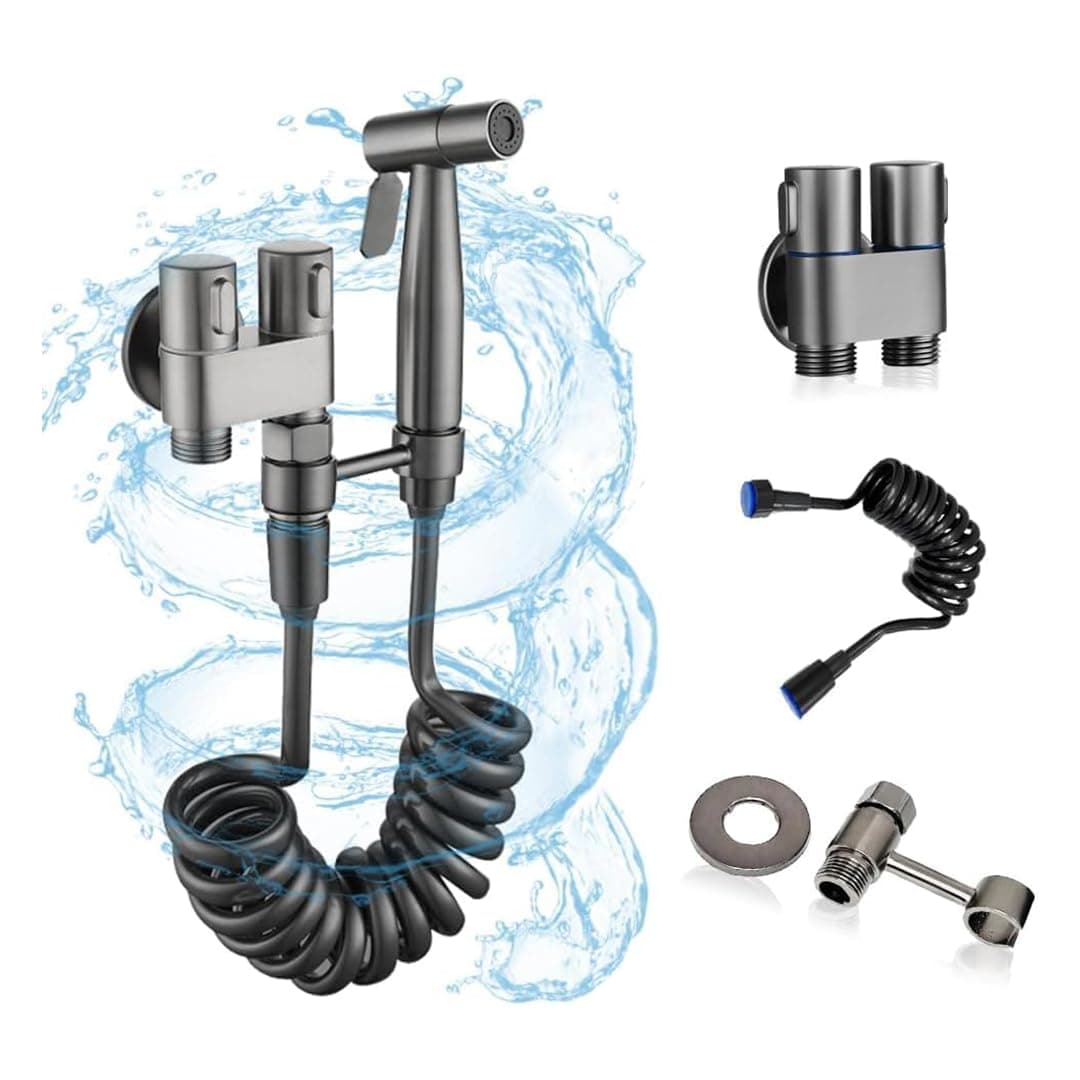SHREESAMP Sanitary Faucet Black Matle Finish Type Health Faucet Set Hand Held Bidet 1In2Out Dual Cleaning The Toilet Washing Kit Bathroom Corners Sprayer Mini Shower Tap 265x215x8 CM