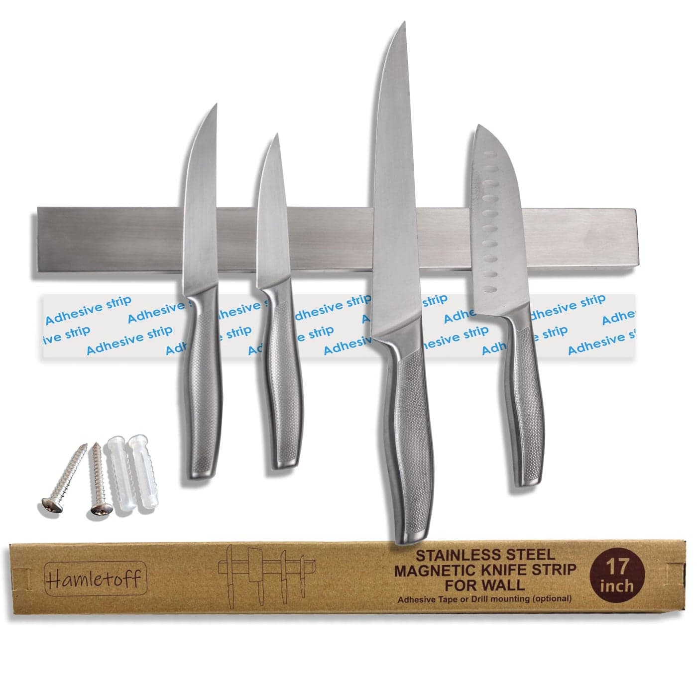 Hamletoff Premium Magnetic Knife Strip for Wall no Drilling 17 Inch Stainless Steel Magnetic Knife Holder with Strong Adhesive Tape Kitchen Magnet Knife Bar with Screws Upgraded Version
