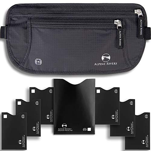 Alpine Rivers RFID Money Belt for Travel - Hidden Waist Pouch Passport Holder with RFID Card Sleeves, Slim and Adjustable Fit for Men and Women