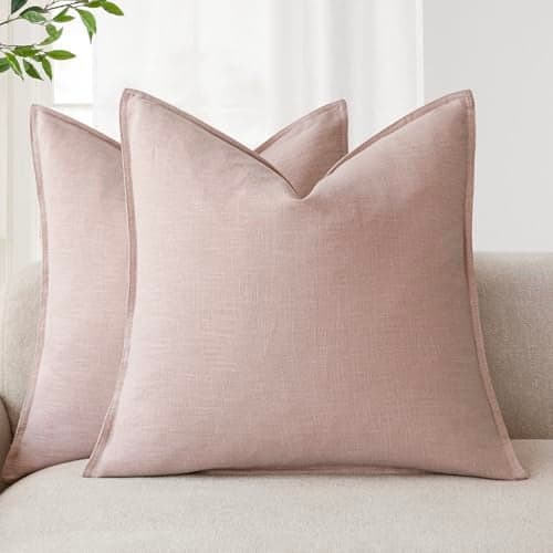 Foindtower Pack of 2, Decorative Linen Solid Throw Pillow Covers Soft Accent Cushion Case Boho Farmhouse Pillowcase for Chair Couch Sofa Bedroom Living Room Home Decor 18 x 18 Inch Light Pink