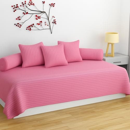 Home Stylish Glace Cotton Satin Striped Diwan Set | Dewan Bedsheet Set of 6 Pieces | 1 Single Bedsheet, 2 Bolster Cover, 3 Cushion Covers | for Living Room Dining Hall Pink