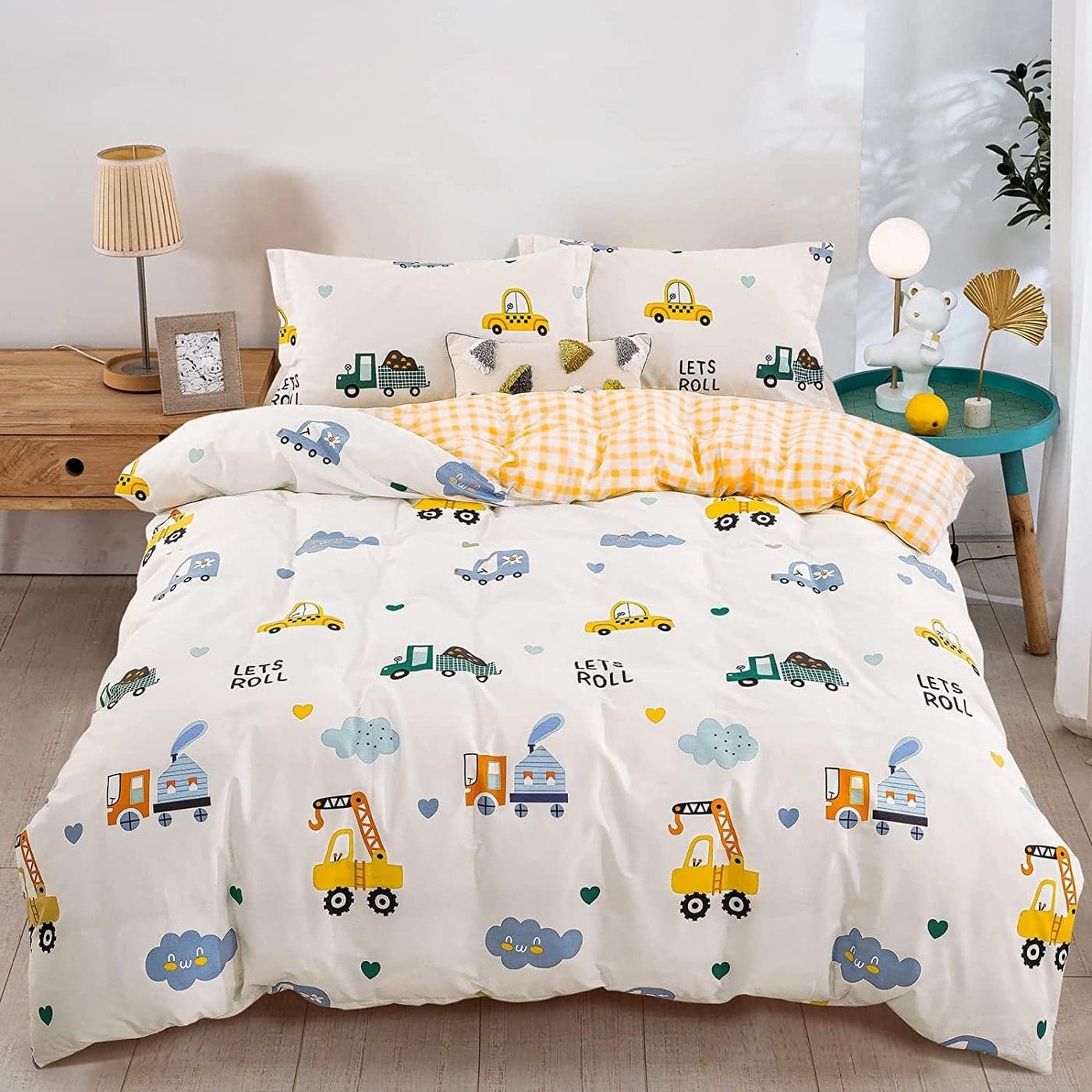 Kids Duvet Cover Set Queen Cotton Cartoon Car Truck Bedding Set for Boys Girls 3 Pieces Soft Breathable White Yellow Plaid Reversible Comforter Cover Set 1 Duvet Cover2 Pillowcases