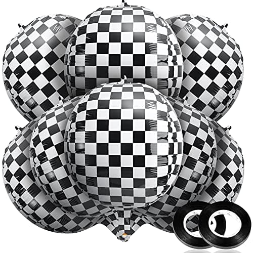 14 Pieces Foil Checkered Balloons 22 Inch Checkered Racing Car Balloons Black White Checkerboard Balloons Racing Themed Birthday Balloons with Black Ribbon for Racing Themed Party Decoration