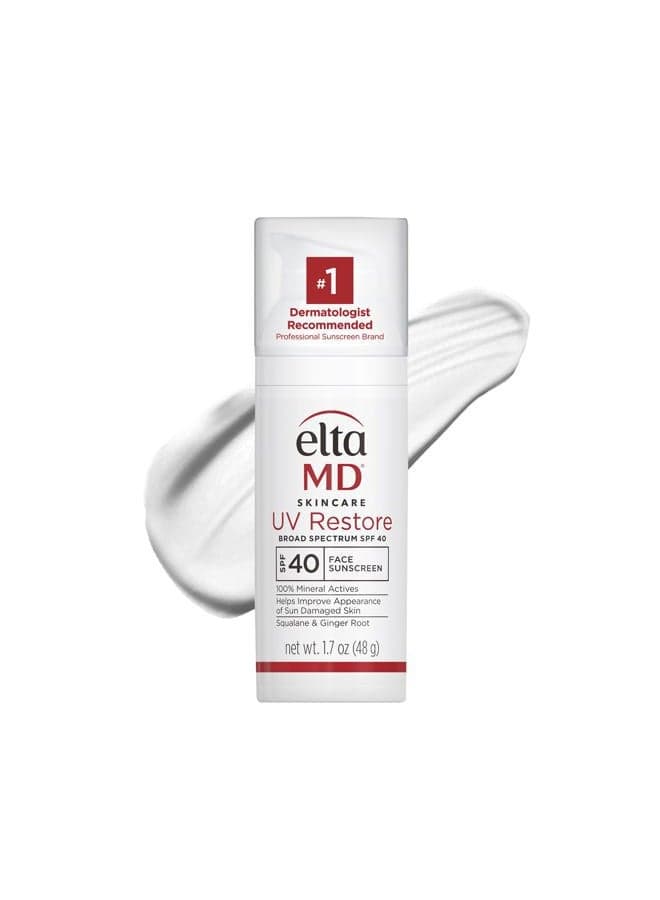 UV Restore Face Sunscreen, SPF 40, Mineral Sunscreen for Sun Damaged Skin Repair, Anti-Aging Zinc Oxide Moisturizer Formula for Face, 1.7 oz