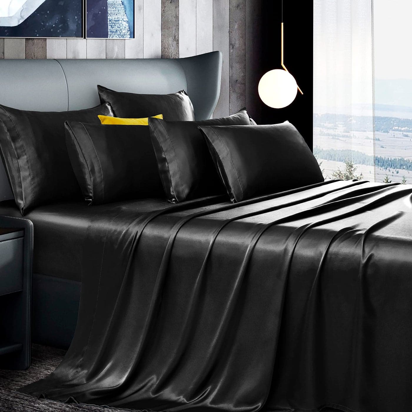 Manyshofu 7Pcs Black Satin Sheets California King Silky Satin Bed Sheets Set Luxurious Soft Satin Bedding Set 1 Satin Fitted Sheet 1 Satin Flat Sheet 4 Satin Pillowcases 1 Body Pillow case