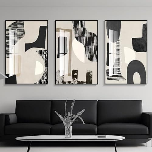 QKF Modern Abstract Wall Art Large Geometric Black and White 3 Piece Canvas Painting for Living Room Contemporary Wall Decor with High Gloss Finish 16x24 Inches Set