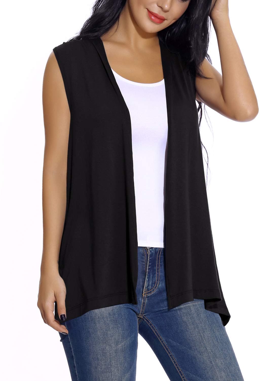 Women's Sleeveless Open Front Cardigan Vest Lightweight Cool Coat (S, Black)