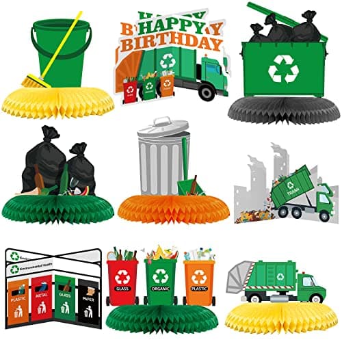 Tinlade 9 Pcs Garbage Truck Honeycomb Centerpieces Party Decoration Trash Truck Theme 3D Double Sided Table Decorations Photo Booth Props for Birthday Party Supplies