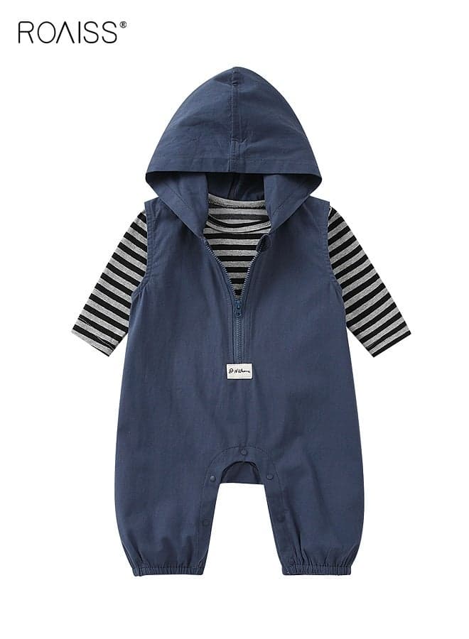 Baby Boys T-shirt and Overalls Set, Stylish Spring and Autumn Outfit with Long Sleeve Striped Top and Hooded Suspender Trousers, 2 Piece Comortable Clothing Set for Baby Boys