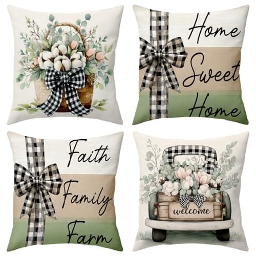 BBOLDIN Rustic Country Throw Pillow Covers 18x18 Couch Cushion Covers, Farmhouse Plaid Bow Decorations for Bedroom Porch Home, Pastel Flower Car Pillow Cases Decor Set of 4