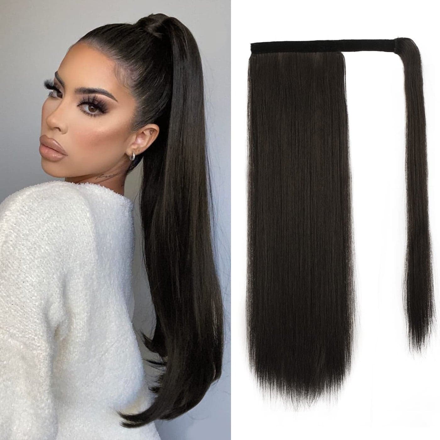 BARSDAR Straight Ponytail Extension 18 Inch Long Straight Wrap Around Ponytail for Women Clip in Ponytail Hair Extensions Synthetic Brown Hair Pony Tails Hairpieces Daily Dark Brown