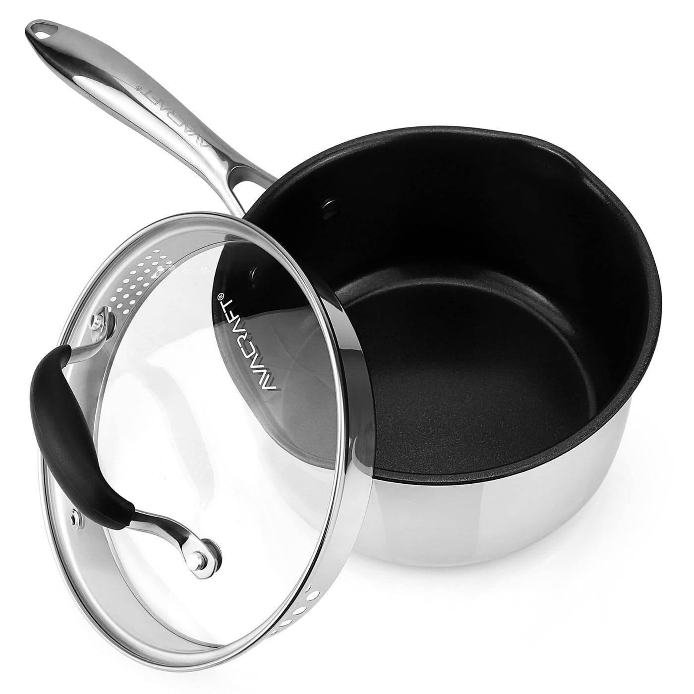 AVACRAFT Nonstick Saucepan with Glass Lid Strainer Lid 100 PTFE PFOA Toxins Free Two Side Spouts for Easy Pour Multipurpose Sauce Pan with Lid Ceramic Sauce Pot 25 QT NonStick Saucepan