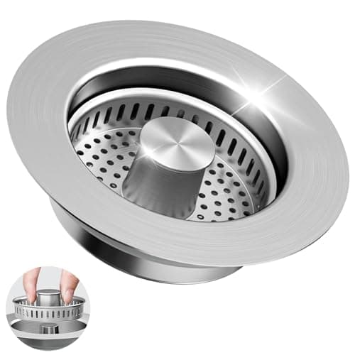 3 in 1 Kitchen Sink Drain Strainer Sink Stopper 304 Stainless Steel Pop Up Sink Drain Stopper with AntiClogging Basket for US Standard Silver