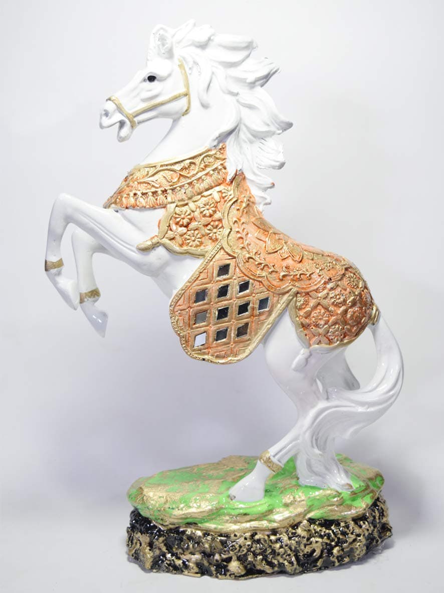 GW Creations Running Horse Showpiece, 25 cm White Polyresin Figurine, Vastu Home Office Decor, Wealth Success Symbol (White and Gold)