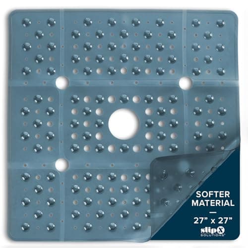 SlipX Solutions 27" Oversize Square Shower Mat, Non-Slip Mat for Elderly & Kids, 100+ Power Grip Suction Cups for Smooth Surfaces, Machine Washable, Dusty Blue