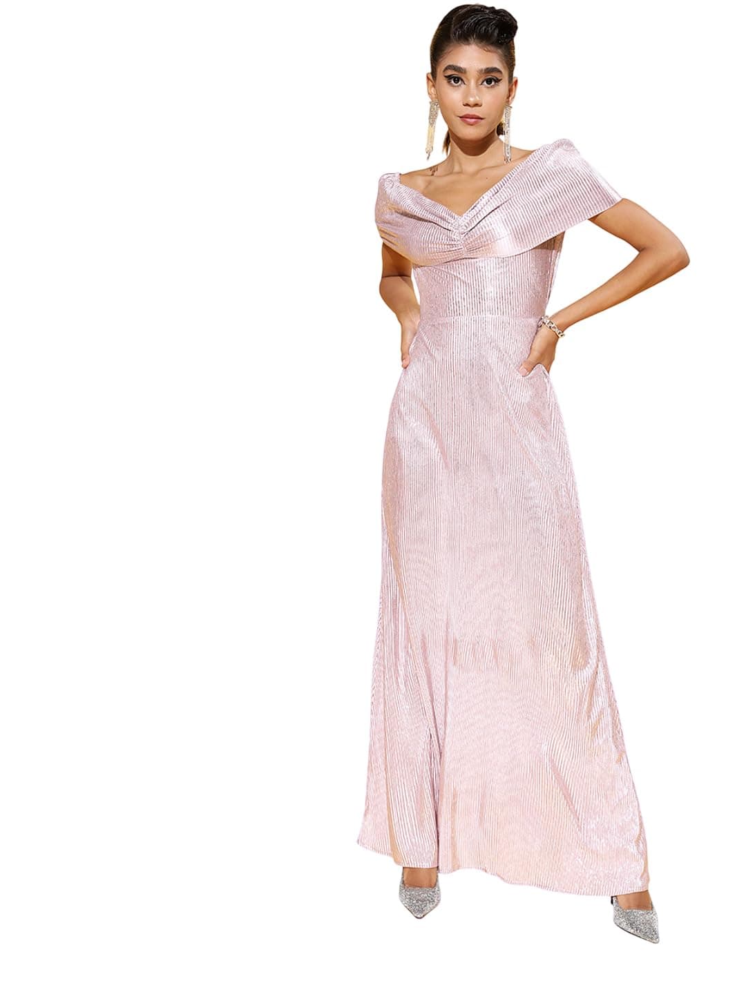 Athena Lifestyle Women and Girls Polyester Gown Off Shoulder Solid Print Maxi Sleeveless Lavender Party Dress