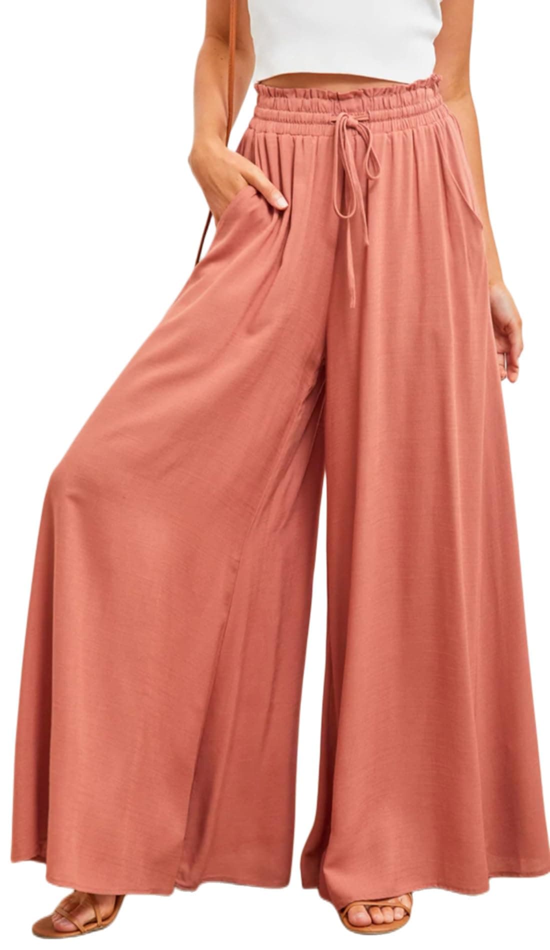 YOCUR Beach Vacation Summer Flare Pants for Women High Waisted Bell Bottoms Printed Loose Flowy Palazzo Lounge Trousers Orange M