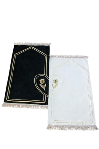 ihvan online Muslim Prayer Rug for Couples, Praying Mat Set for Women & Men, Soft Prayers Matt with Prayer Beads, Islamic Gifts for Ramadan Eid, Two Pieces, White-Black Rose Patterned